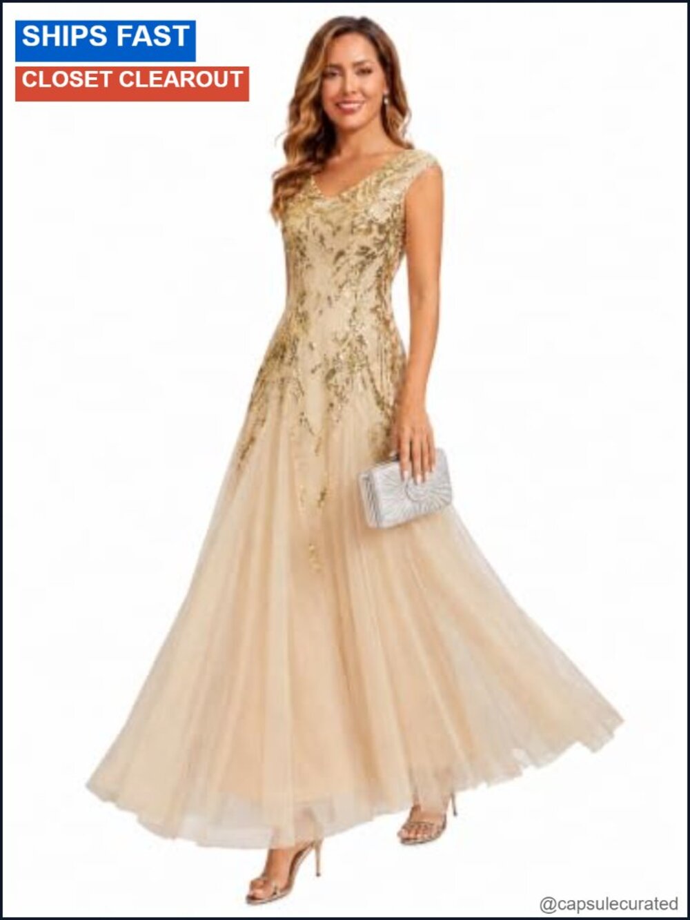 Sequin Maxi Formal Gown Sleeveless V-Neck A-Line Mother of Bride Dress